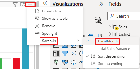 Captura de pantalla que muestra cómo configurar los ajustes de configuración de ordenación del eje del gráfico de cascada.