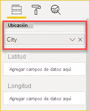 Captura de pantalla que muestra el panel de Visualizaciones con datos de ciudad en el campo de Ubicaciones.