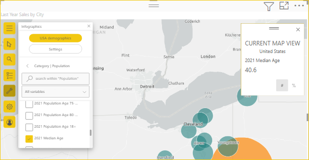 Captura de pantalla que muestra un mapa con datos demográficos de la media regional.