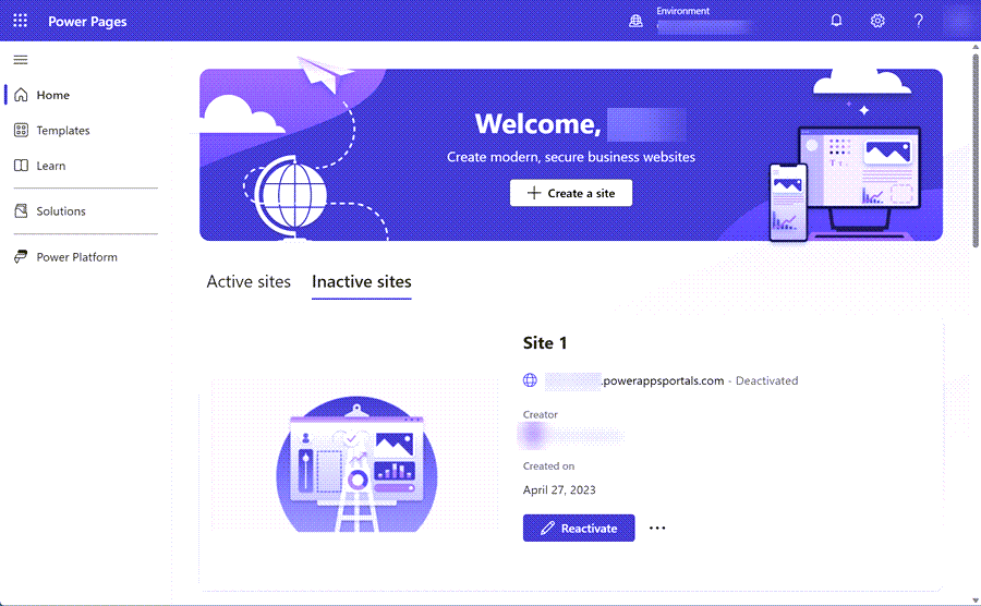 Captura de pantalla que muestra el botón Reactivar en la sección Sitios inactivos de la página de inicio de Power Pages.