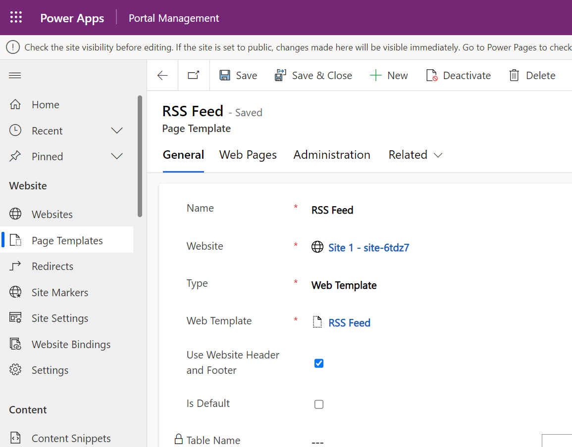 Configurar una plantilla de página para una fuente RSS.