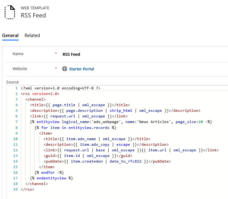 Configurar una plantilla web para una fuente RSS.