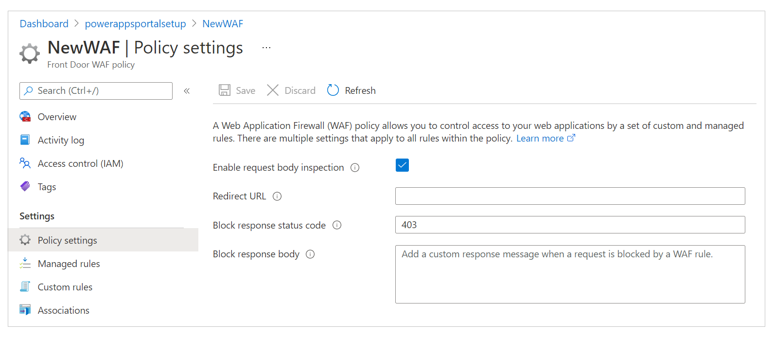 Configuración de directivas para WAF.