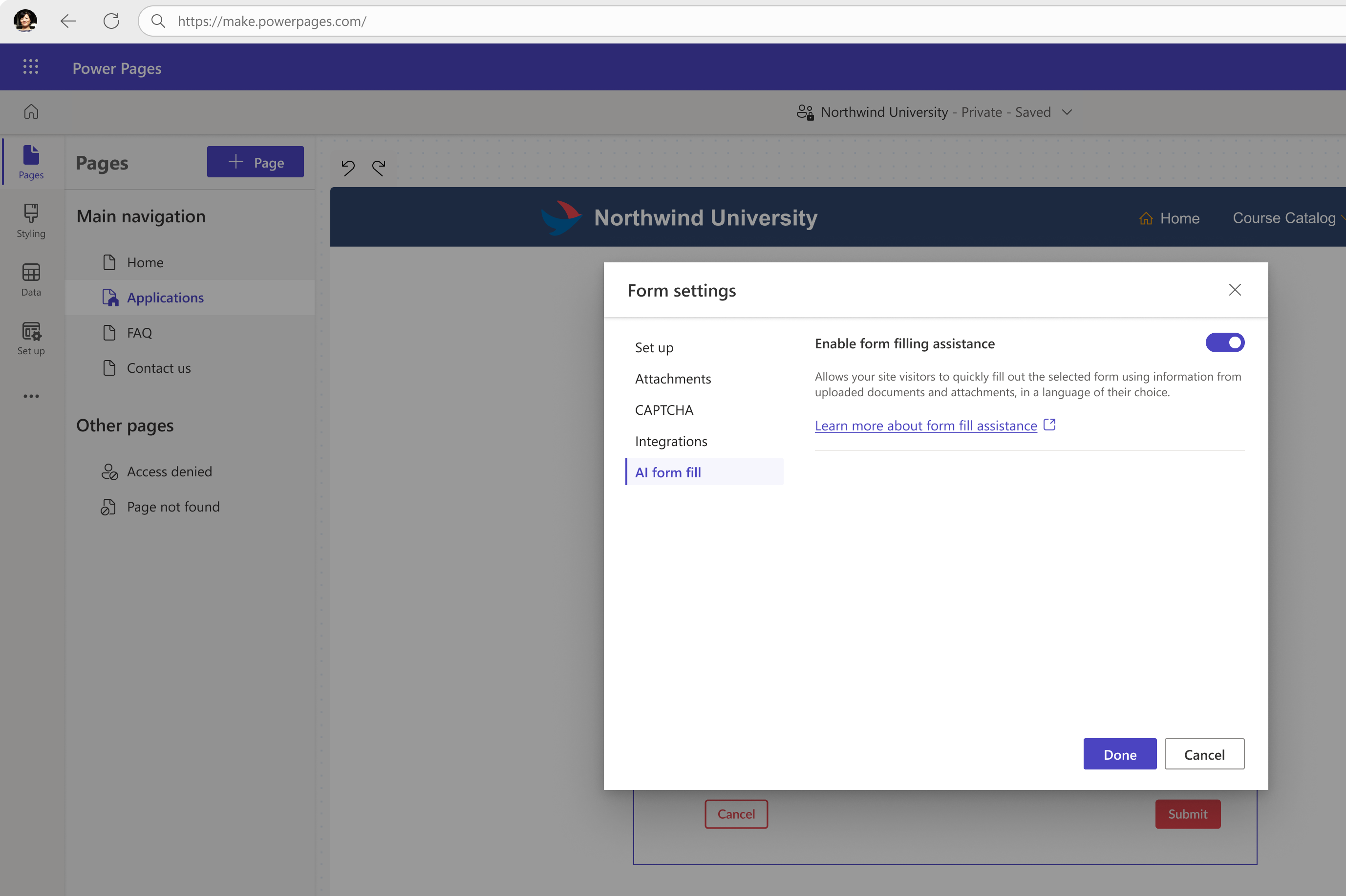 Captura de pantalla de la configuración de rellenado de formularios con IA en la sección de configuración de formularios de Power Pages.