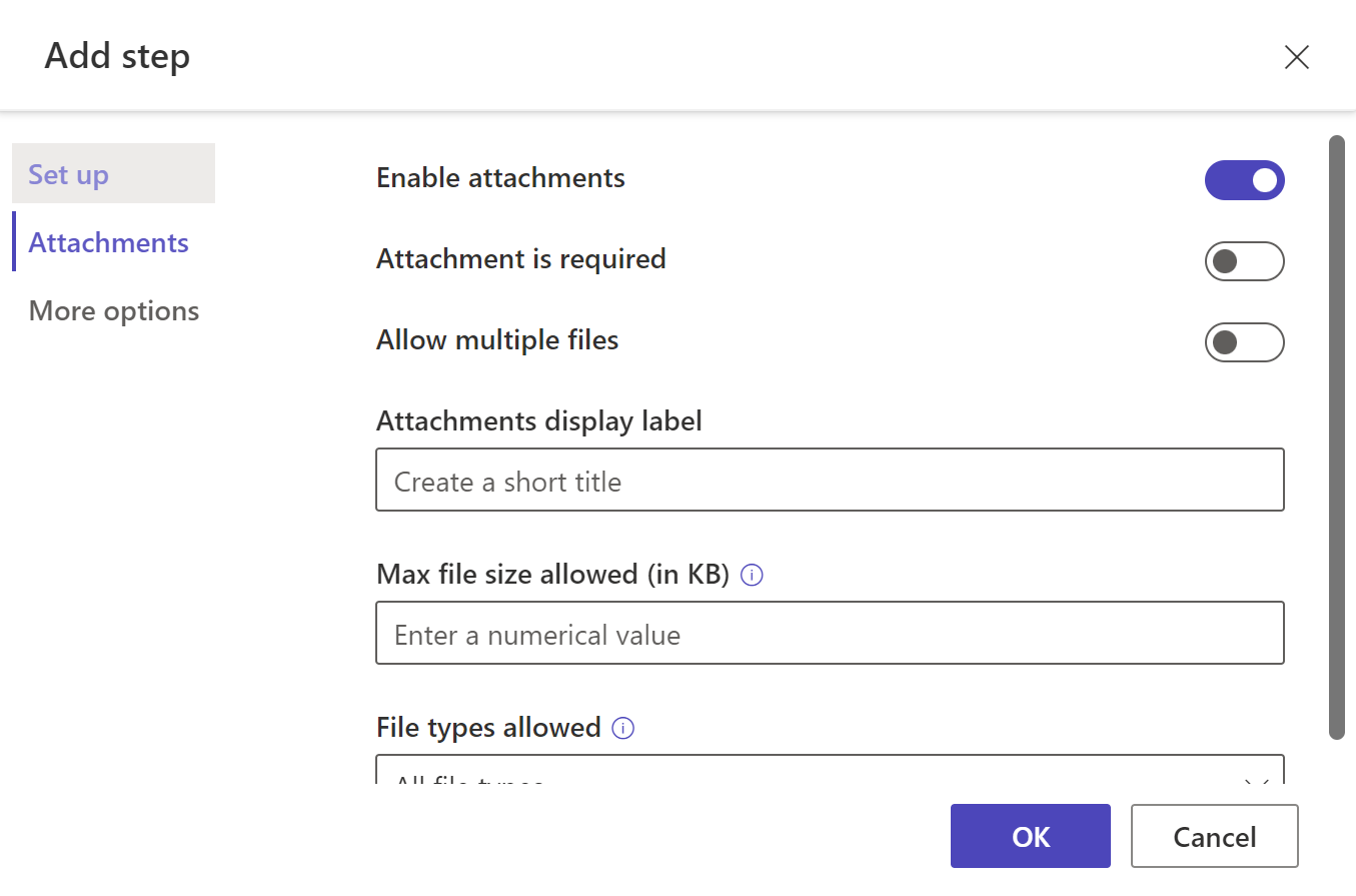 Captura de pantalla de las opciones del menú Agregar paso con Habilitar archivos adjuntos seleccionado en las opciones de datos adjuntos.