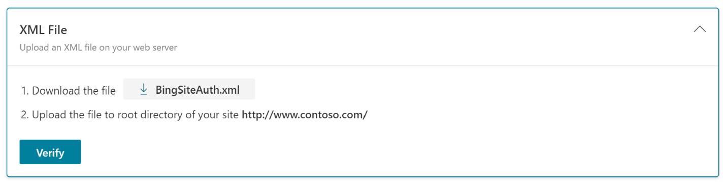 Captura de pantalla de la opción Archivo XML en Bing Webmaster Tools.