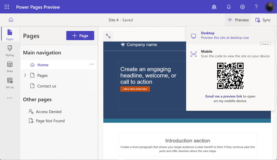 La GUI del estudio de diseño con opciones de menú de vista previa seleccionadas.