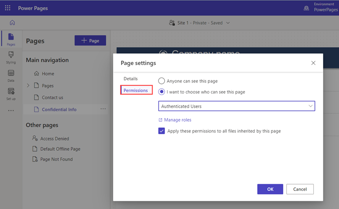 Captura de pantalla de la configuración de página en Microsoft Power Pages.