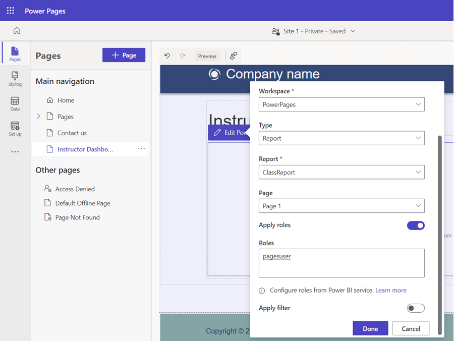 Agregue roles al componente de Power BI.