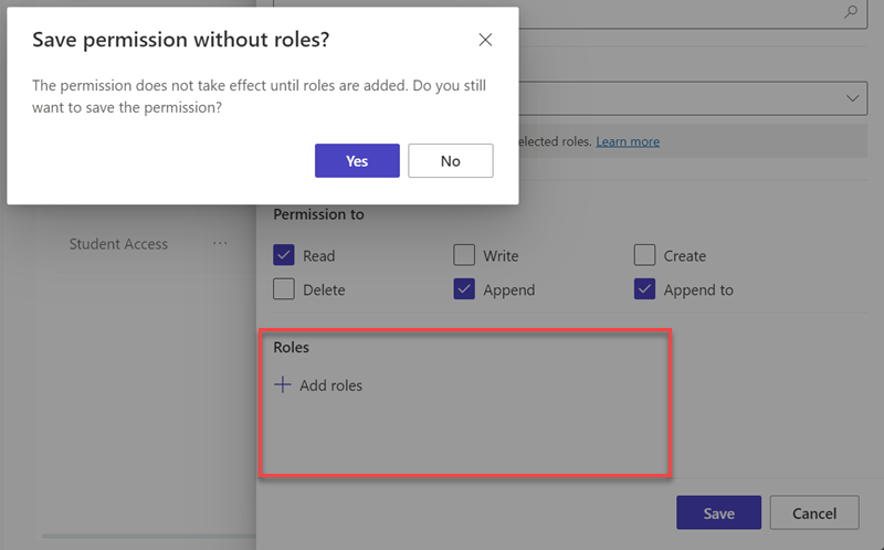 Guardar un permiso de tabla sin roles web asociados.