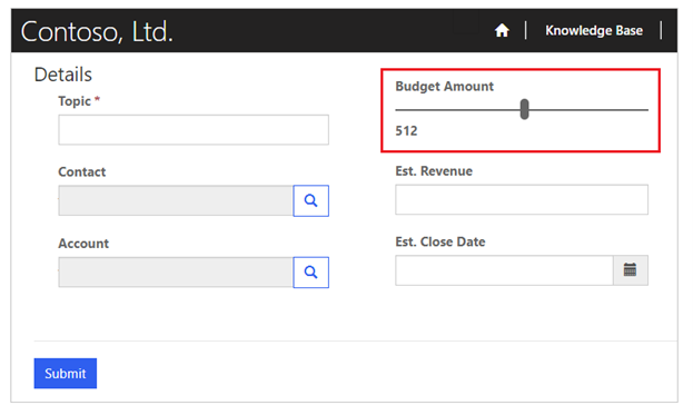 Imagen que muestra una página del portal con formulario de entidad configurado con el componente de código de deslizamiento lineal