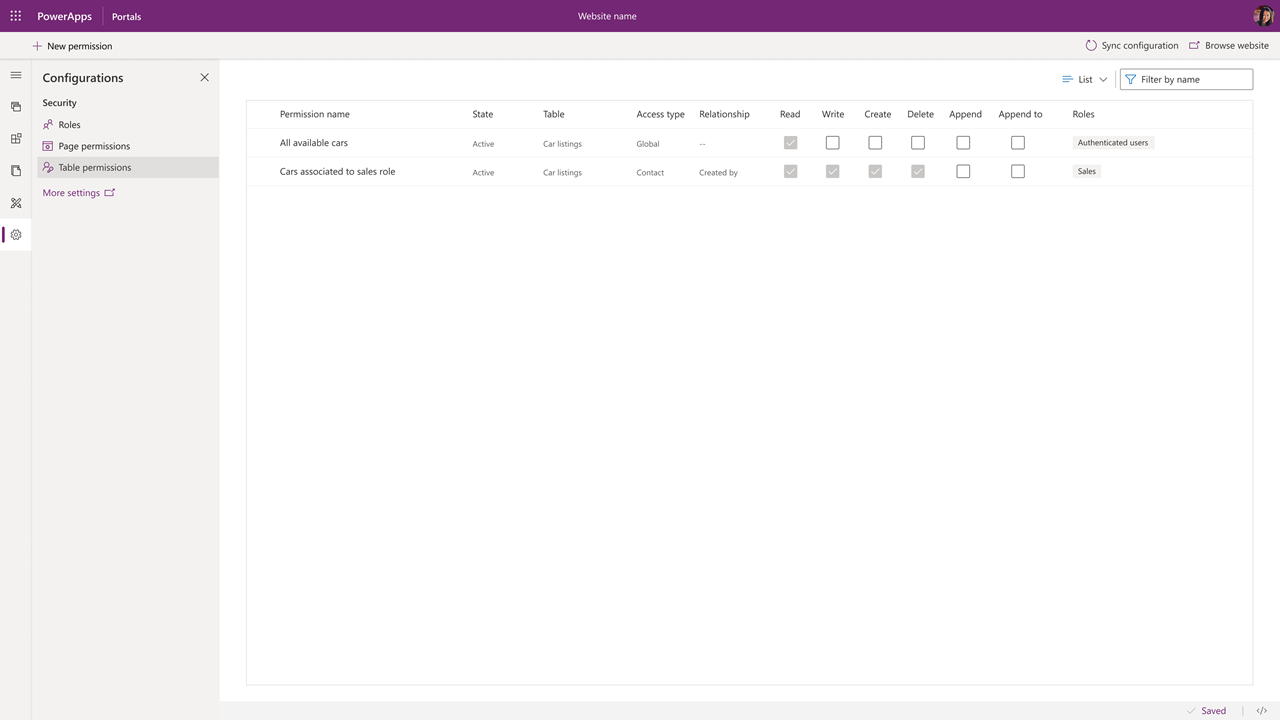 Vista resumida de los permisos de entidad para un portal.