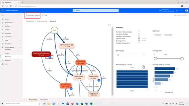 Process Advisor con algunas recomendaciones de automatización.