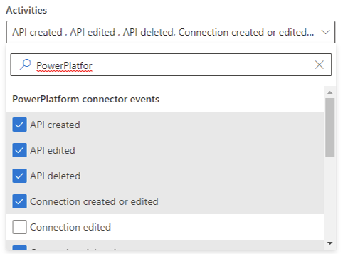 Captura de pantalla de los eventos de conector de Power Platform.