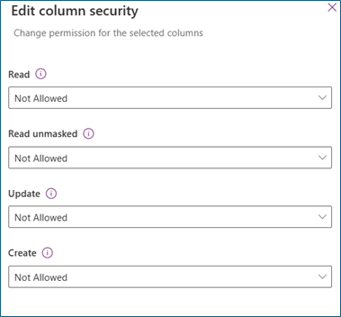 Captura de pantalla que muestra el panel de edición de seguridad de la columna, donde puede establecer permisos para usuarios o grupos de Teams.