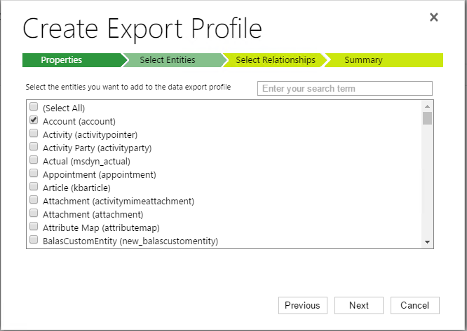 Pestaña Seleccionar entidades en el cuadro de diálogo Crear perfil de exportación.