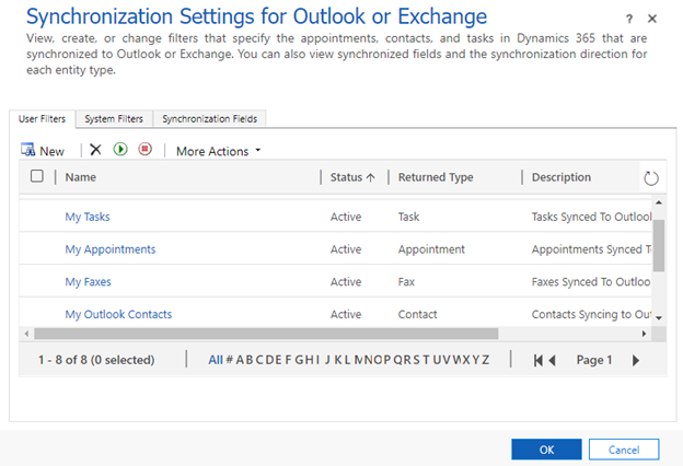 Captura de pantalla que muestra la página Configuración de sincronización para Outlook o Exchange.