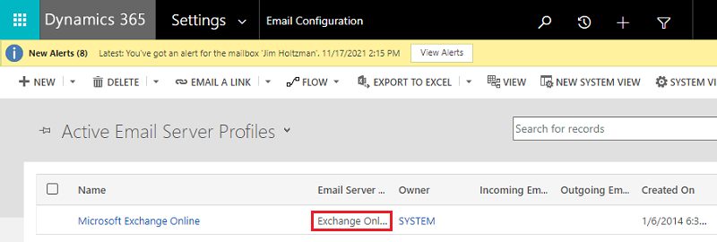 Configuración de correo electrónico, Perfil de servidor de correo electrónico activo: Exchange Online