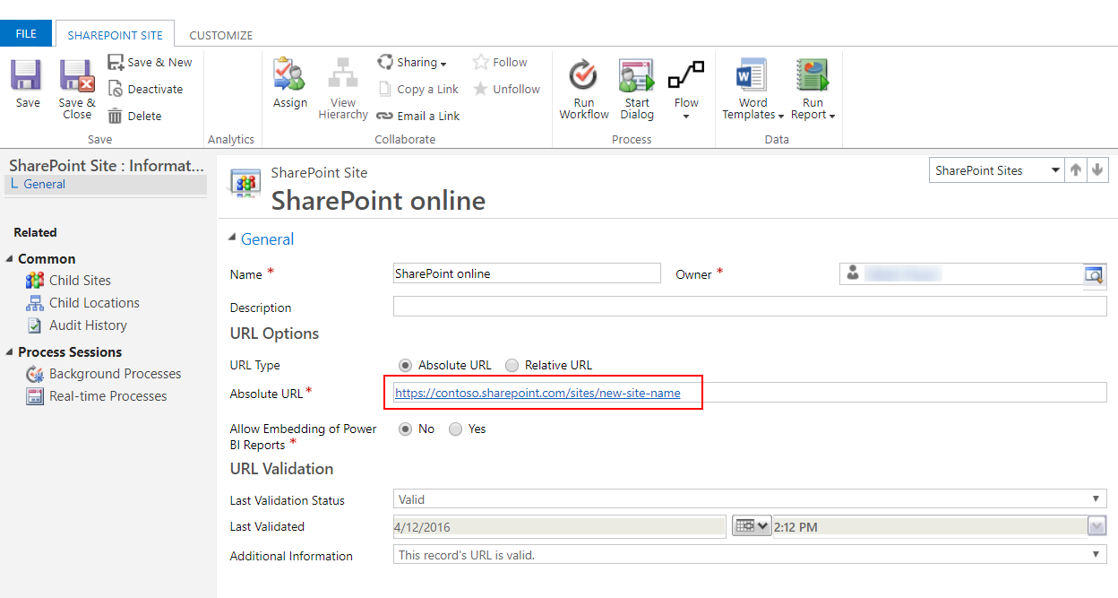 Introduzca la URL relativa de SharePoint.