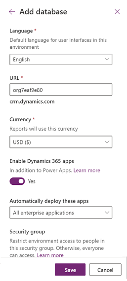 Crear nueva configuración de la base de datos del entorno.