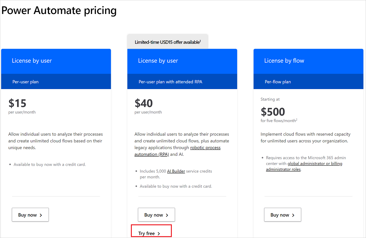 Una imagen que muestra una vista de la página de precios de Power Automate en Internet.