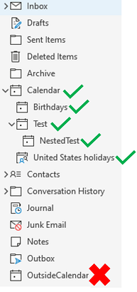 Una captura de pantalla de un buzón en Outlook, que muestra las citas que se pueden sincronizar desde la carpeta Calendario principal.