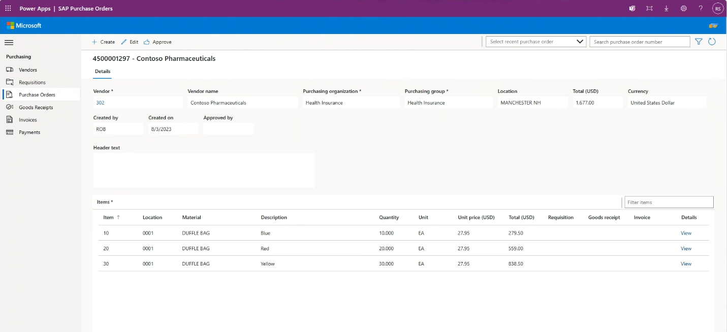 Captura de pantalla de la aplicación de orden de compra de SAP Procurement de Microsoft para Power Platform.