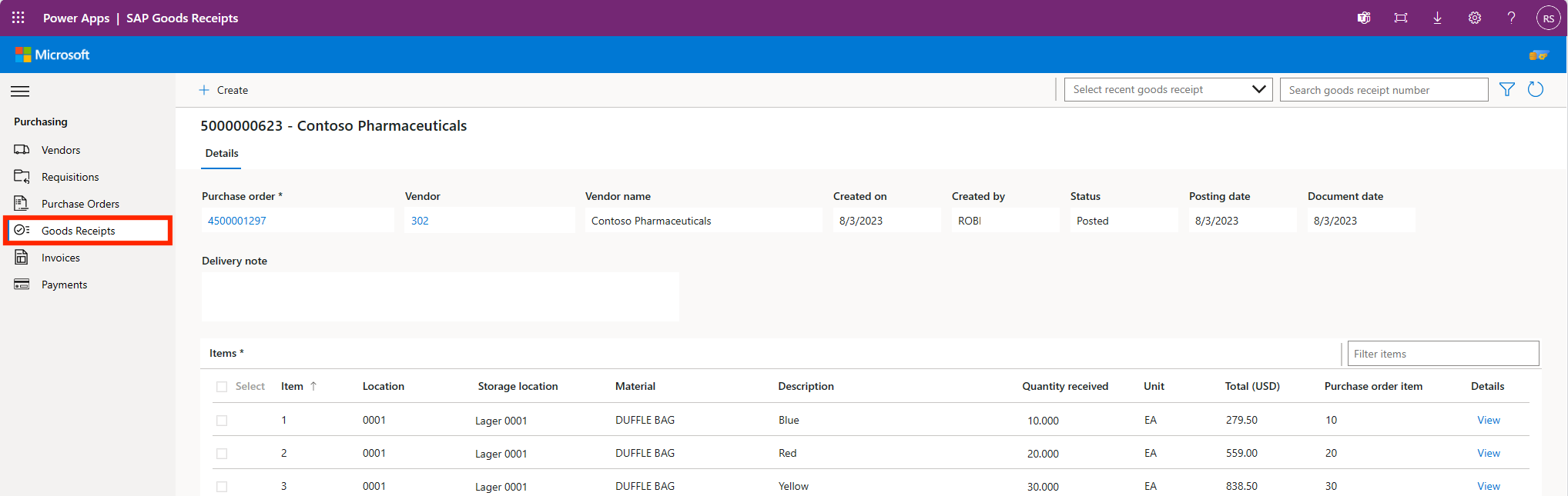 Imagen de la aplicación de órdenes de compra SAP Procurement de Microsoft Power Platform.