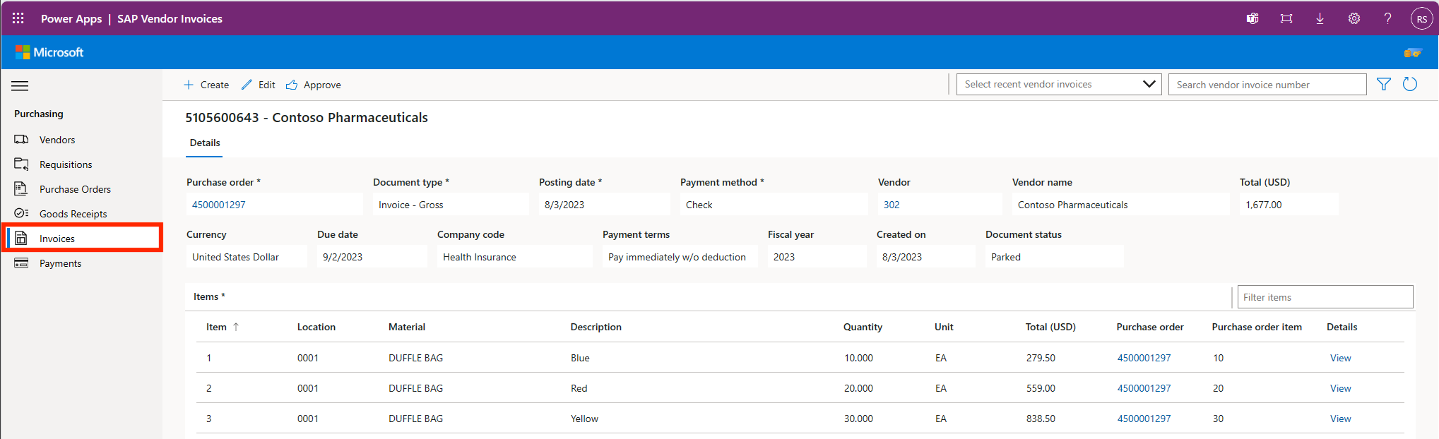 Captura de pantalla de la aplicación de orden de compra de SAP Procurement de Microsoft para Power Platform.