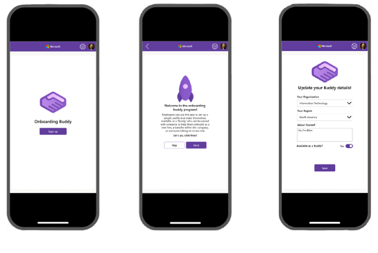 Captura de pantalla de las tres pantallas introductorias de la aplicación Onboarding Buddy.
