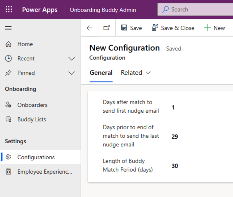 Captura de pantalla de tres opciones de configuración en la aplicación Onboarding Buddy Admin.