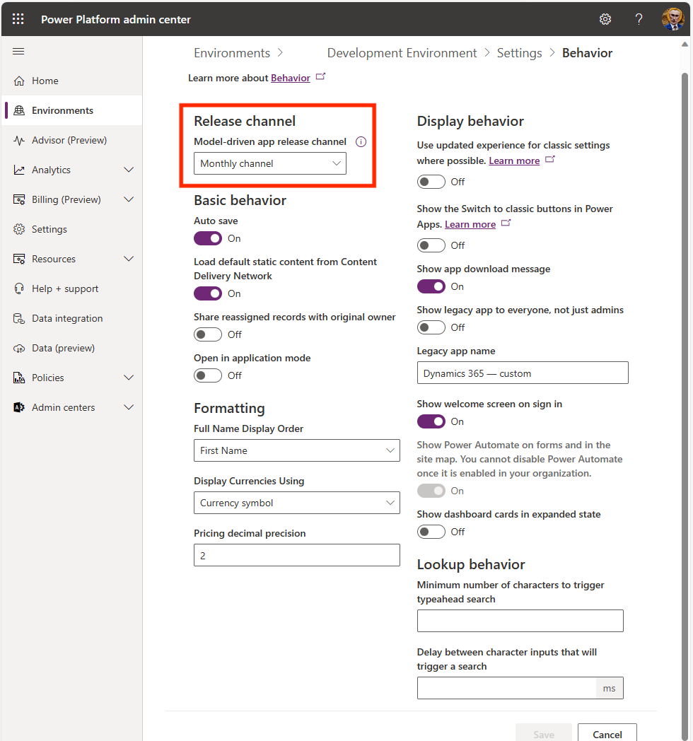 Captura de pantalla de la administración de la configuración de comportamiento en la sección Canal de lanzamiento en el centro de administración de Power Platform.