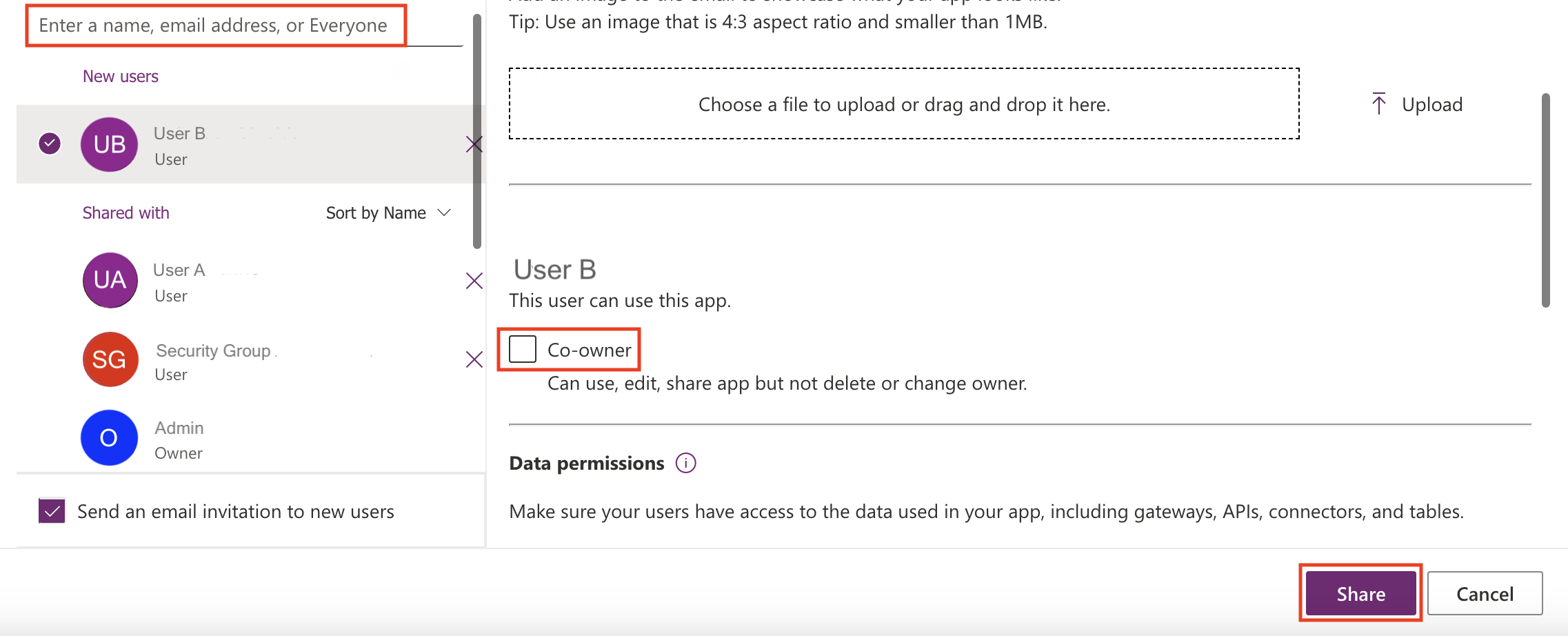 Captura de pantalla de compartir la aplicación Lista de verificación con los usuarios.