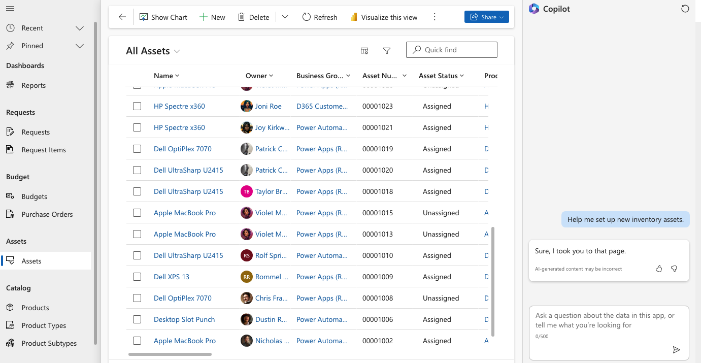 Captura de pantalla de Copilot en la aplicación de solicitud y administración de hardware.