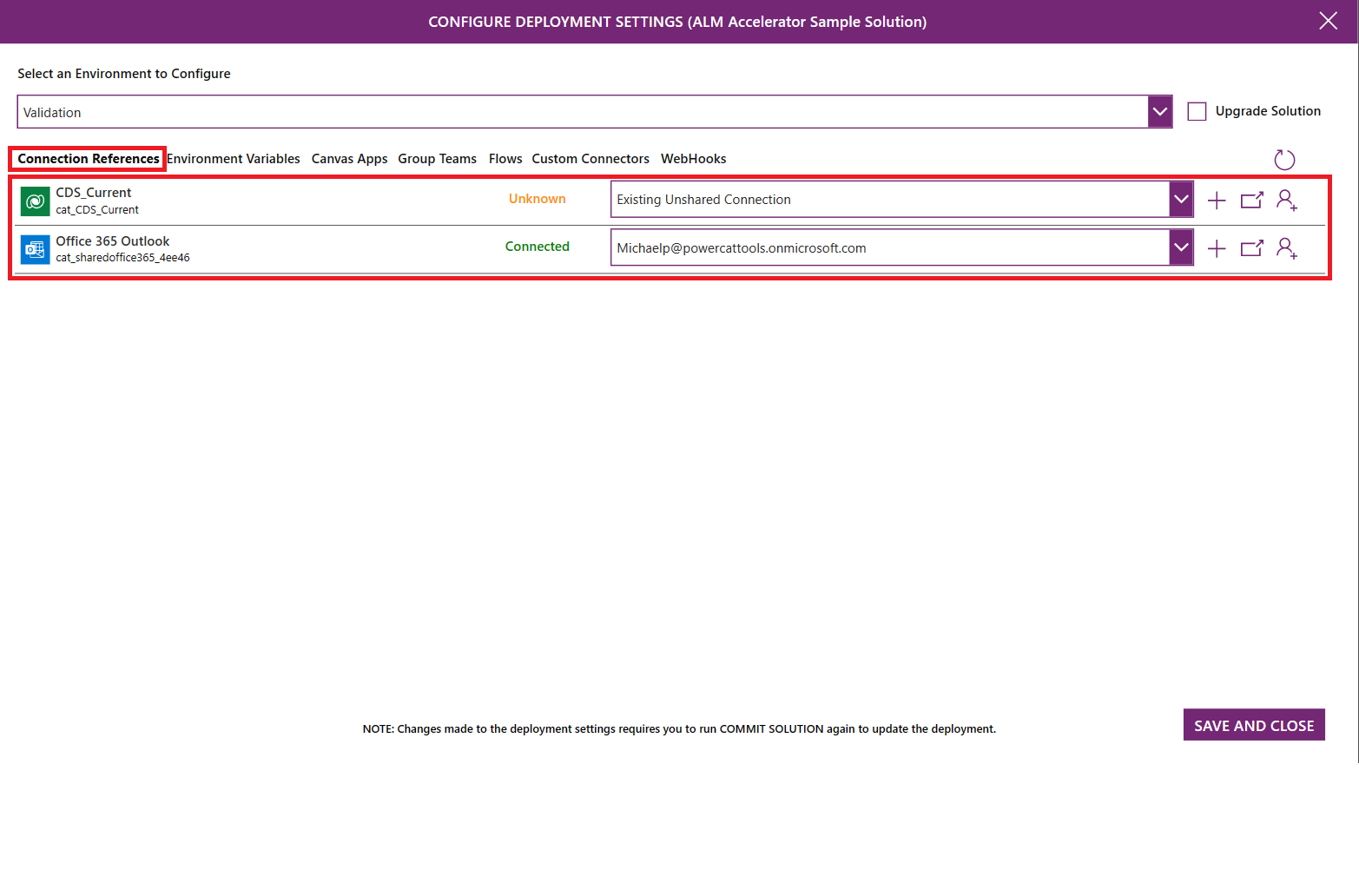 Captura de pantalla de la configuración de referencia de conexión en ALM Accelerator.