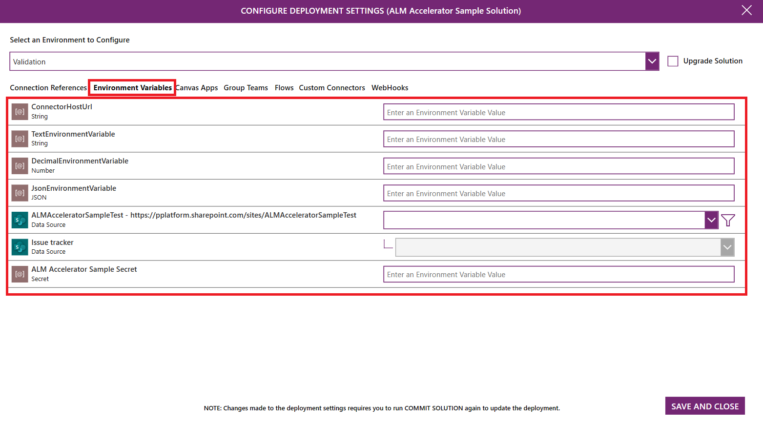 Captura de pantalla de la configuración de variables de entorno en ALM Accelerator.