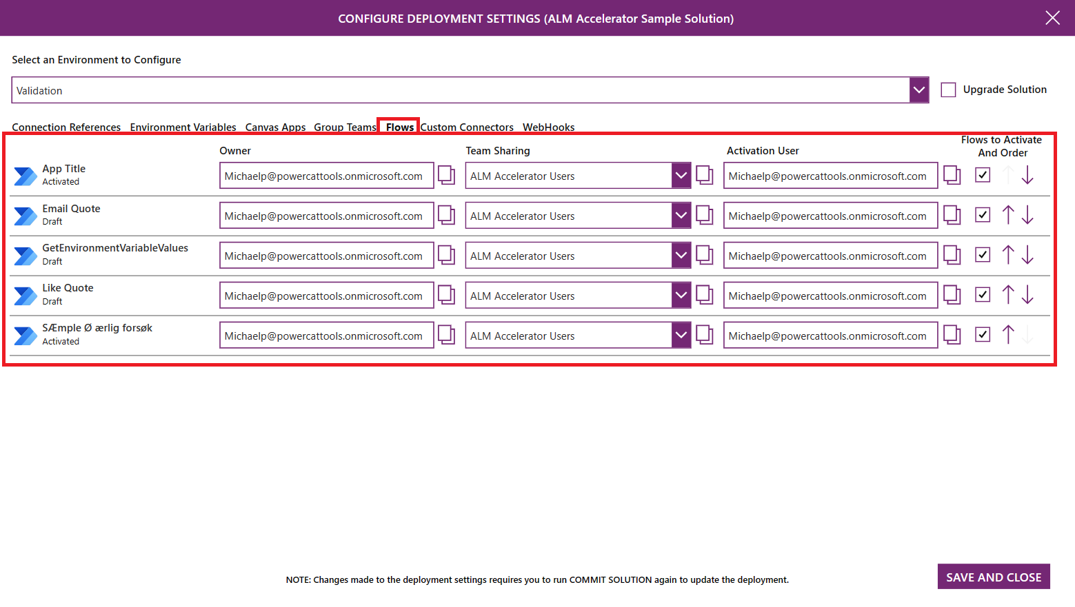 Captura de pantalla de la configuración de flujos en ALM Accelerator.