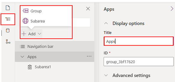 Configure la navegación de la aplicación (mapa del sitio) para mostrar los elementos en el menú de su aplicación definiendo grupos y subáreas.