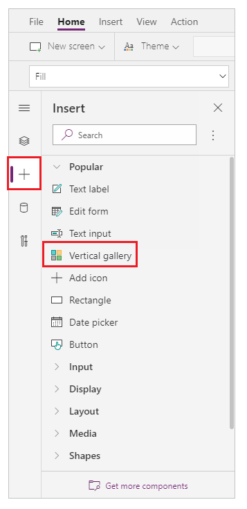 Uso del panel de herramientas Insertar para agregar un control de galería vertical.