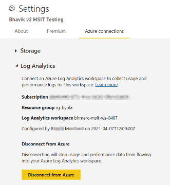 Captura de pantalla de la configuración del espacio de trabajo para Azure Log Analytics.