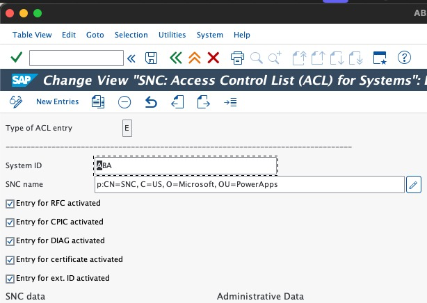 Captura de pantalla de la GUI de SAP que muestra la lista de control de acceso para sistemas.