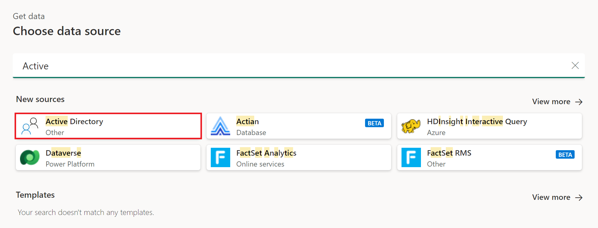 Screenshot of the Choose data source window with Active Directory selected.