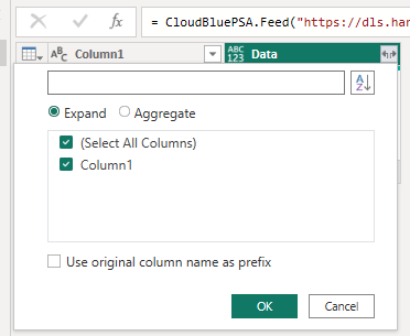 Captura de pantalla del cuadro de diálogo Expandir columna de datos.