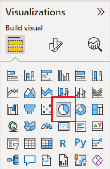 Captura de pantalla del panel Visualizaciones, con el símbolo del gráfico circular resaltado.