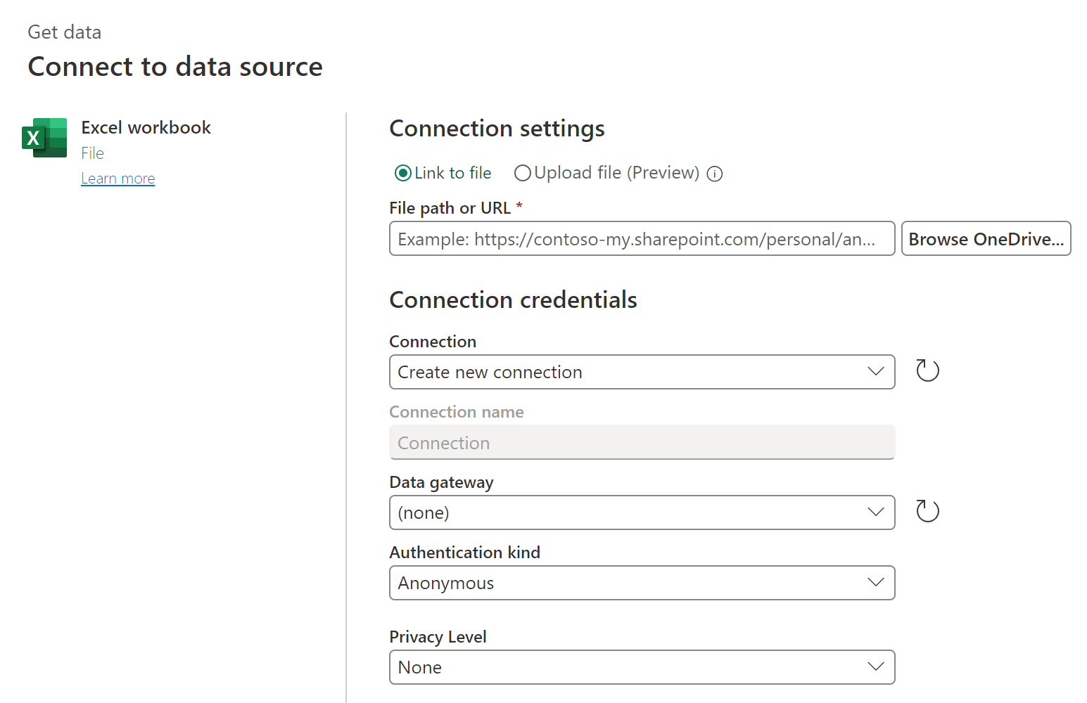 Captura de pantalla de la información de conexión para acceder al libro de Excel.