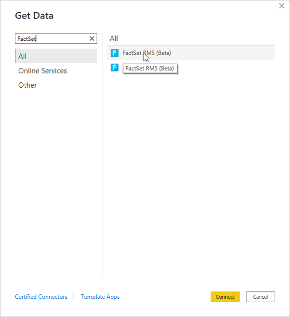 Imagen del cuadro de diálogo Obtener datos con FactSet RMS (Beta) enfatizado.