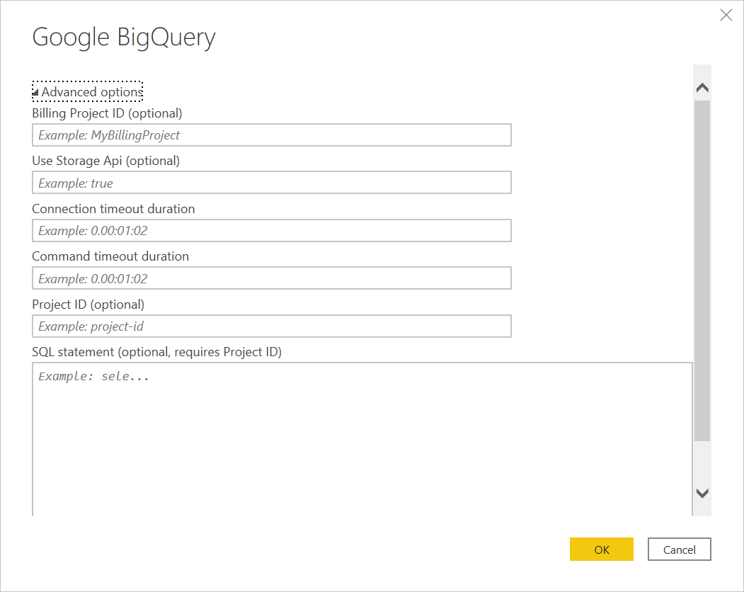 Visualización de opciones avanzadas disponibles en Power Query Desktop.