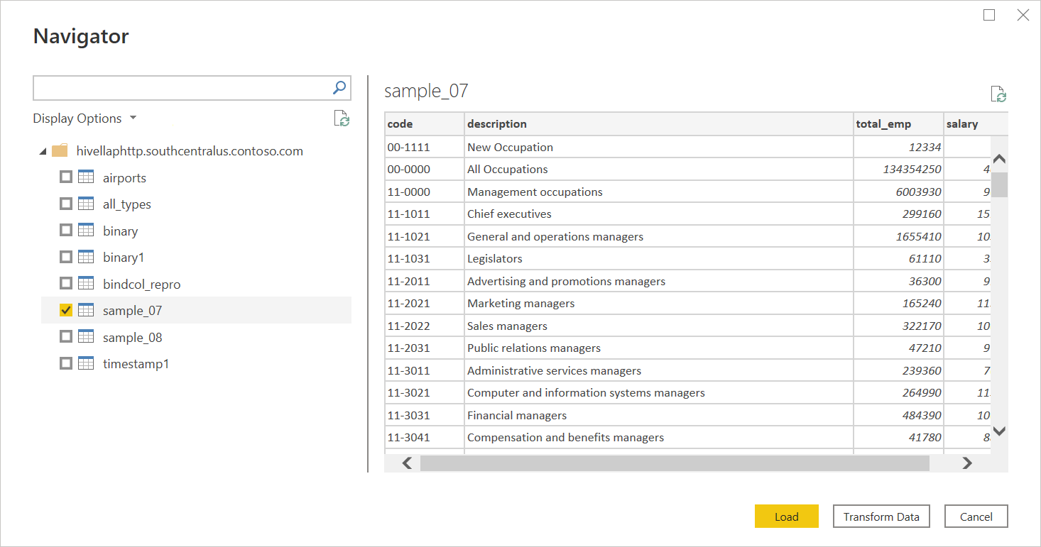 Navegador de datos de importación LLAP de Apache Hive.