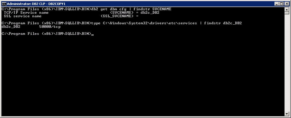 Imagen con salida del comando db2 en Windows