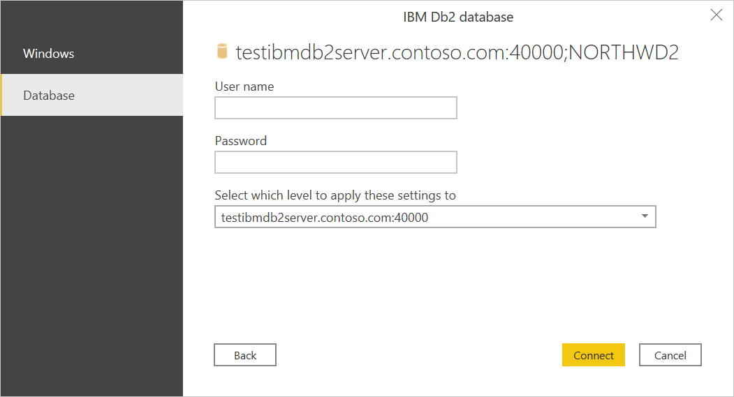 Escriba las credenciales de base de datos de IBM Db2.